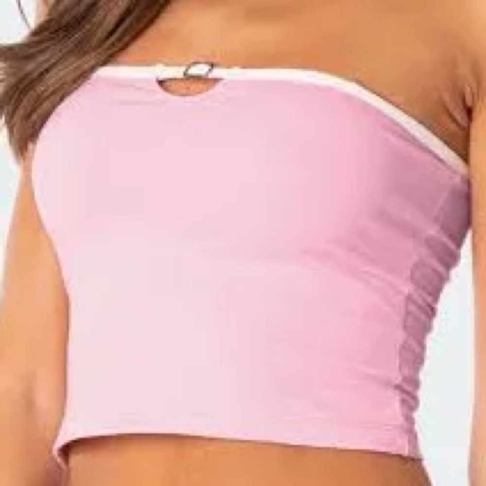 Edikted Pink Strapless Crop Top with White Trim